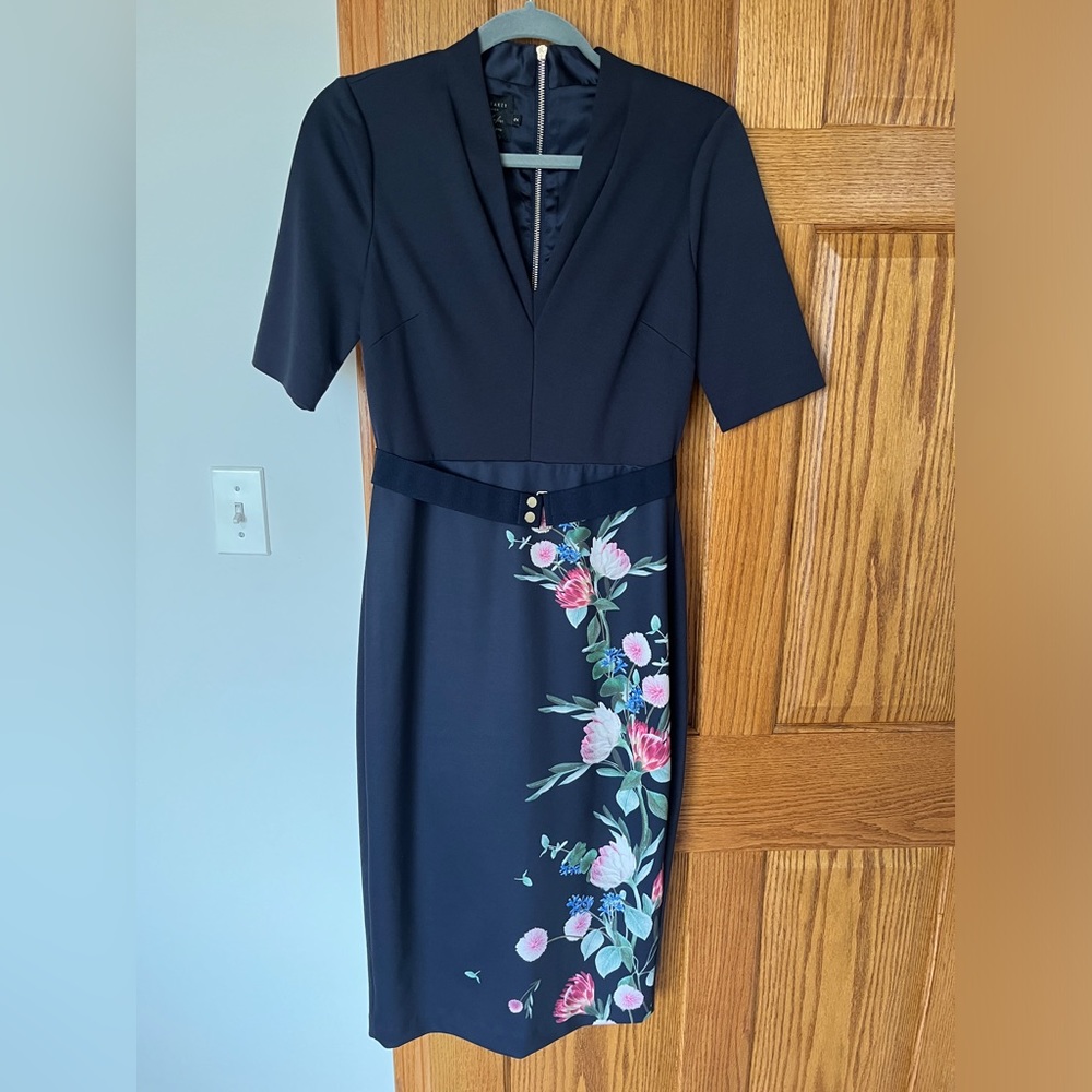 Ted Baker Navy Floral Flourish V-neck Bodycon Dress